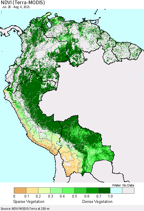 Northern South America NDVI (Terra-MODIS) Thematic Map For 7/28/2021 - 8/4/2021