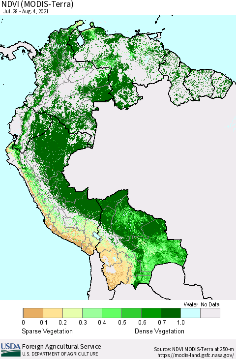 Northern South America NDVI (Terra-MODIS) Thematic Map For 8/1/2021 - 8/10/2021