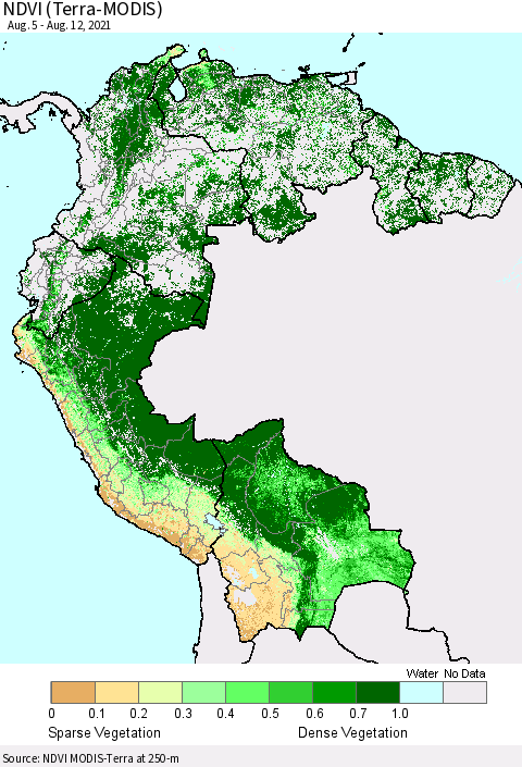 Northern South America NDVI (Terra-MODIS) Thematic Map For 8/5/2021 - 8/12/2021
