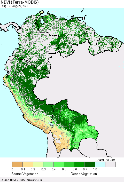Northern South America NDVI (Terra-MODIS) Thematic Map For 8/13/2021 - 8/20/2021