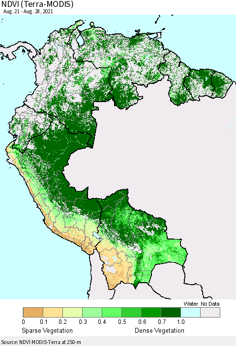 Northern South America NDVI (Terra-MODIS) Thematic Map For 8/21/2021 - 8/28/2021