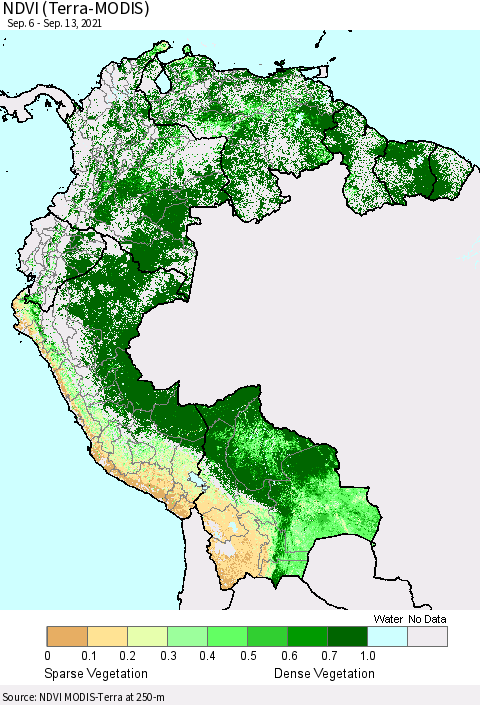 Northern South America NDVI (Terra-MODIS) Thematic Map For 9/6/2021 - 9/13/2021
