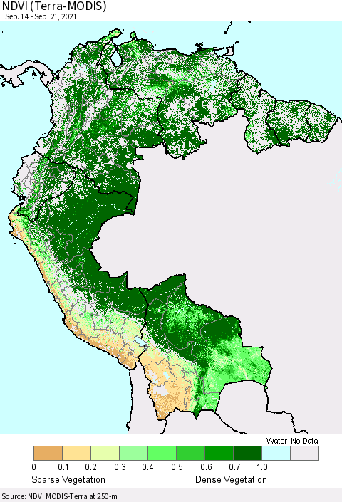 Northern South America NDVI (Terra-MODIS) Thematic Map For 9/14/2021 - 9/21/2021