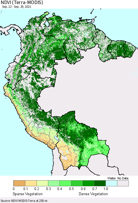 Northern South America NDVI (Terra-MODIS) Thematic Map For 9/22/2021 - 9/29/2021