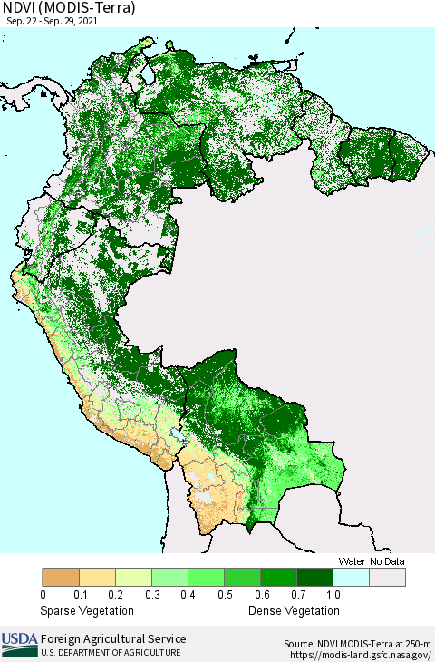 Northern South America NDVI (Terra-MODIS) Thematic Map For 9/21/2021 - 9/30/2021
