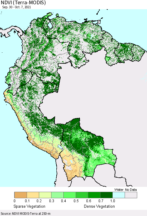 Northern South America NDVI (Terra-MODIS) Thematic Map For 9/30/2021 - 10/7/2021