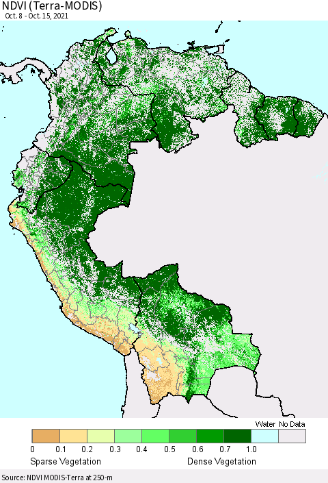 Northern South America NDVI (Terra-MODIS) Thematic Map For 10/8/2021 - 10/15/2021