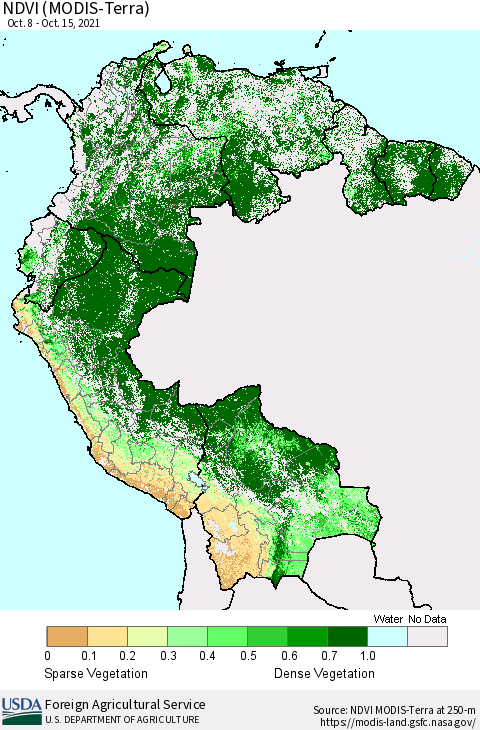 Northern South America NDVI (Terra-MODIS) Thematic Map For 10/11/2021 - 10/20/2021