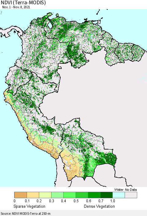 Northern South America NDVI (Terra-MODIS) Thematic Map For 11/1/2021 - 11/8/2021