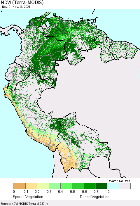 Northern South America NDVI (Terra-MODIS) Thematic Map For 11/9/2021 - 11/16/2021