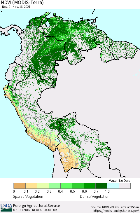 Northern South America NDVI (MODIS-Terra) Thematic Map For 11/11/2021 - 11/20/2021