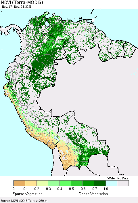 Northern South America NDVI (Terra-MODIS) Thematic Map For 11/17/2021 - 11/24/2021