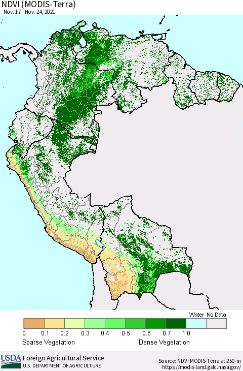 Northern South America NDVI (Terra-MODIS) Thematic Map For 11/21/2021 - 11/30/2021