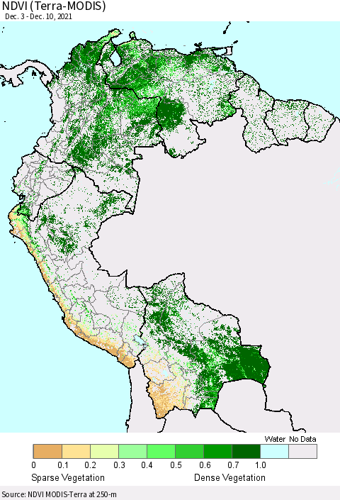 Northern South America NDVI (Terra-MODIS) Thematic Map For 12/3/2021 - 12/10/2021