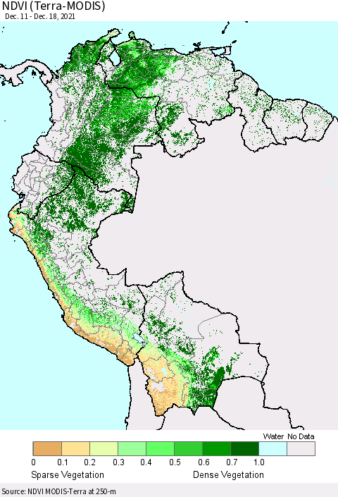 Northern South America NDVI (Terra-MODIS) Thematic Map For 12/11/2021 - 12/18/2021