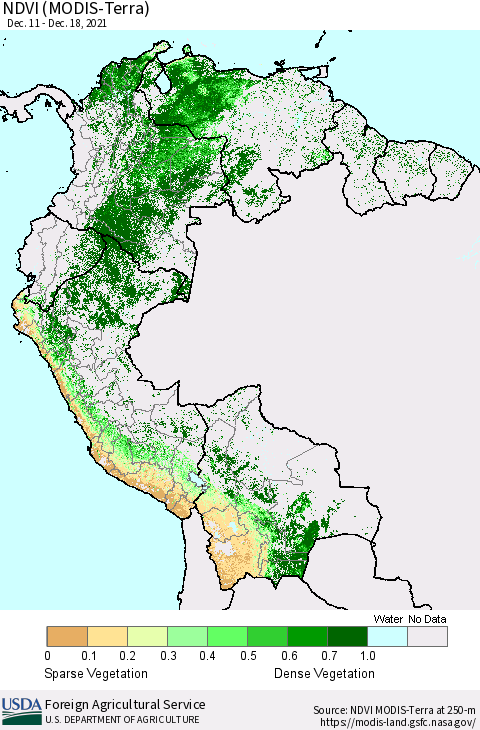 Northern South America NDVI (MODIS-Terra) Thematic Map For 12/11/2021 - 12/20/2021