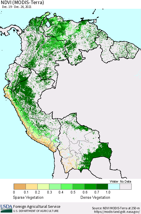 Northern South America NDVI (MODIS-Terra) Thematic Map For 12/21/2021 - 12/31/2021