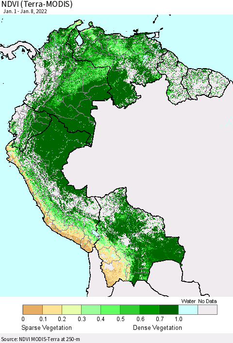 Northern South America NDVI (Terra-MODIS) Thematic Map For 1/1/2022 - 1/8/2022