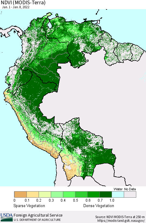 Northern South America NDVI (Terra-MODIS) Thematic Map For 1/1/2022 - 1/10/2022