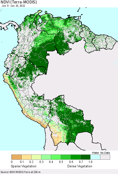 Northern South America NDVI (Terra-MODIS) Thematic Map For 1/9/2022 - 1/16/2022