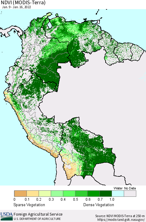 Northern South America NDVI (MODIS-Terra) Thematic Map For 1/11/2022 - 1/20/2022