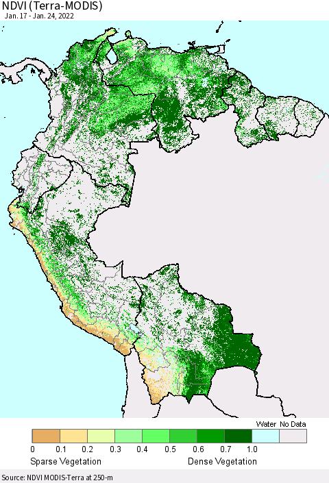 Northern South America NDVI (Terra-MODIS) Thematic Map For 1/17/2022 - 1/24/2022