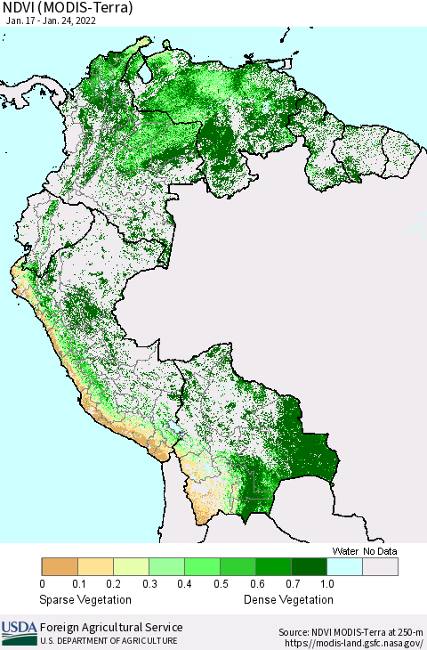 Northern South America NDVI (Terra-MODIS) Thematic Map For 1/21/2022 - 1/31/2022