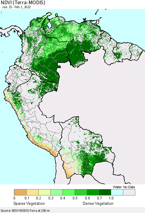 Northern South America NDVI (Terra-MODIS) Thematic Map For 1/25/2022 - 2/1/2022