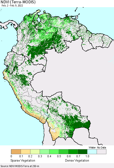 Northern South America NDVI (Terra-MODIS) Thematic Map For 2/2/2022 - 2/9/2022