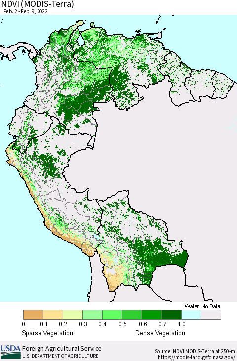 Northern South America NDVI (Terra-MODIS) Thematic Map For 2/1/2022 - 2/10/2022