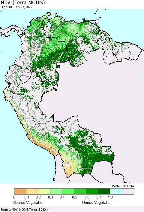 Northern South America NDVI (Terra-MODIS) Thematic Map For 2/10/2022 - 2/17/2022