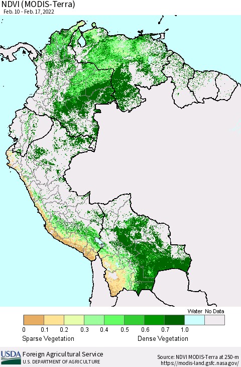 Northern South America NDVI (Terra-MODIS) Thematic Map For 2/11/2022 - 2/20/2022