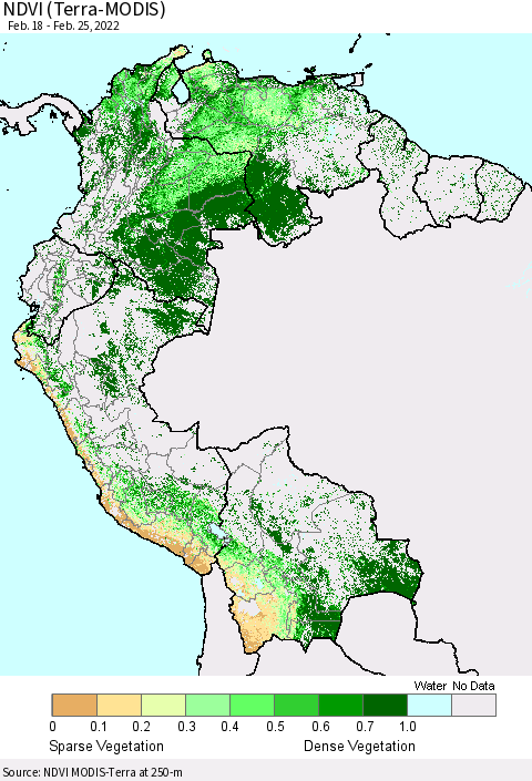 Northern South America NDVI (Terra-MODIS) Thematic Map For 2/18/2022 - 2/25/2022
