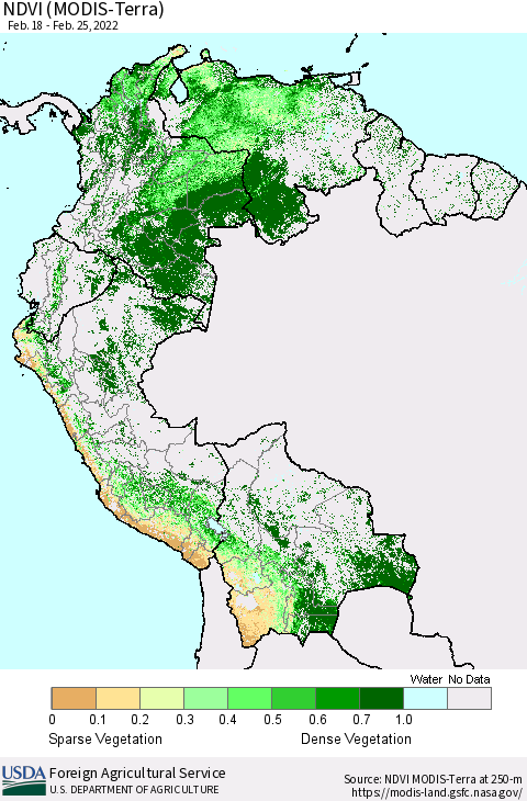 Northern South America NDVI (Terra-MODIS) Thematic Map For 2/21/2022 - 2/28/2022