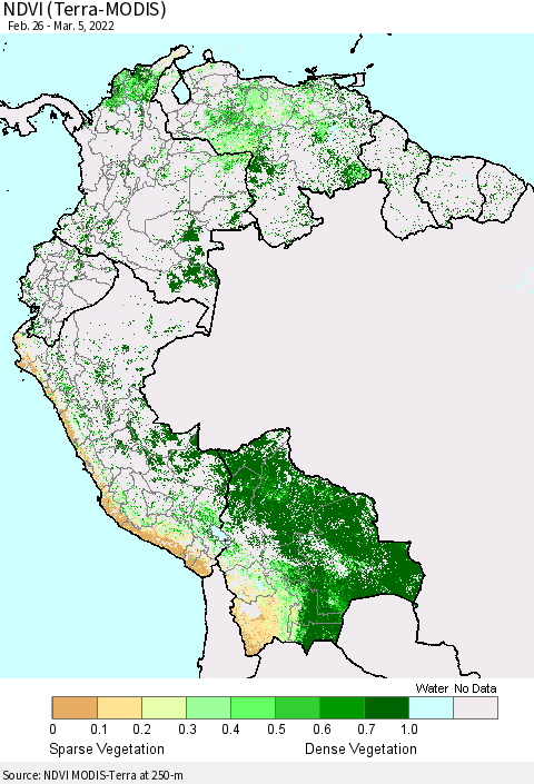 Northern South America NDVI (Terra-MODIS) Thematic Map For 2/26/2022 - 3/5/2022