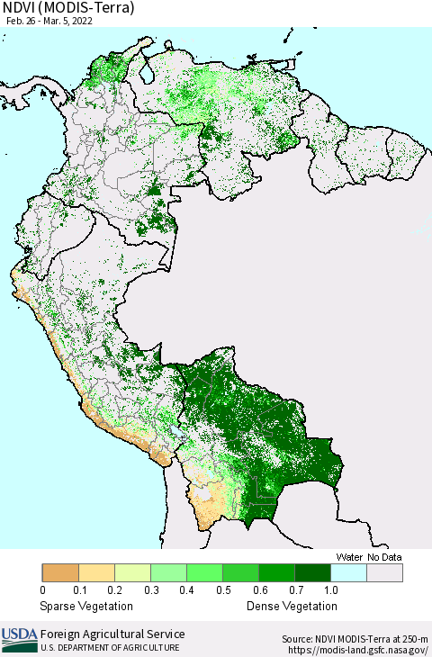 Northern South America NDVI (Terra-MODIS) Thematic Map For 3/1/2022 - 3/10/2022