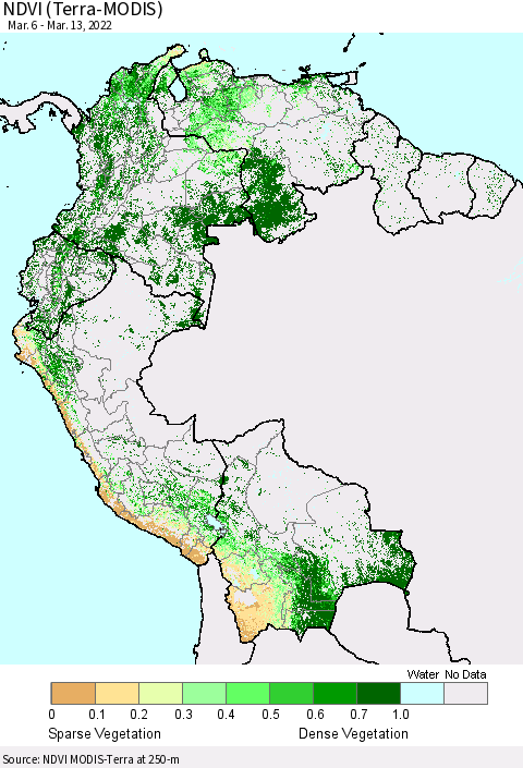 Northern South America NDVI (Terra-MODIS) Thematic Map For 3/6/2022 - 3/13/2022