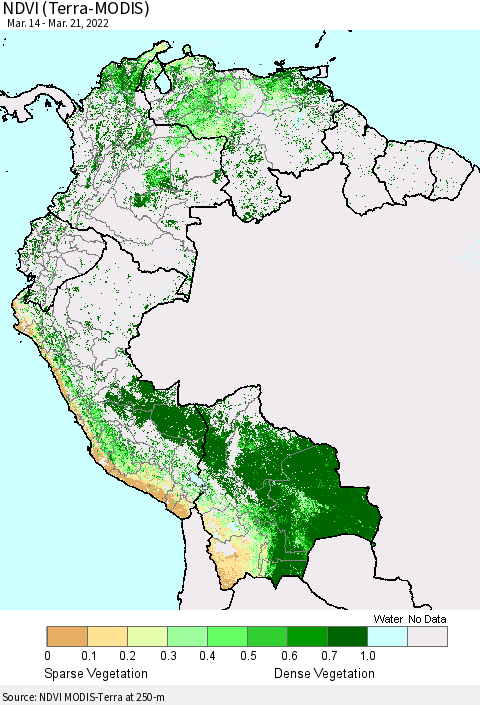 Northern South America NDVI (Terra-MODIS) Thematic Map For 3/14/2022 - 3/21/2022