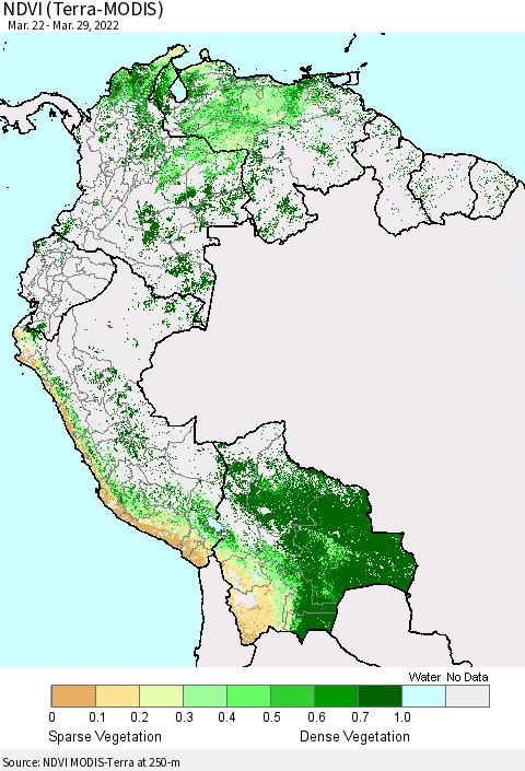 Northern South America NDVI (Terra-MODIS) Thematic Map For 3/22/2022 - 3/29/2022