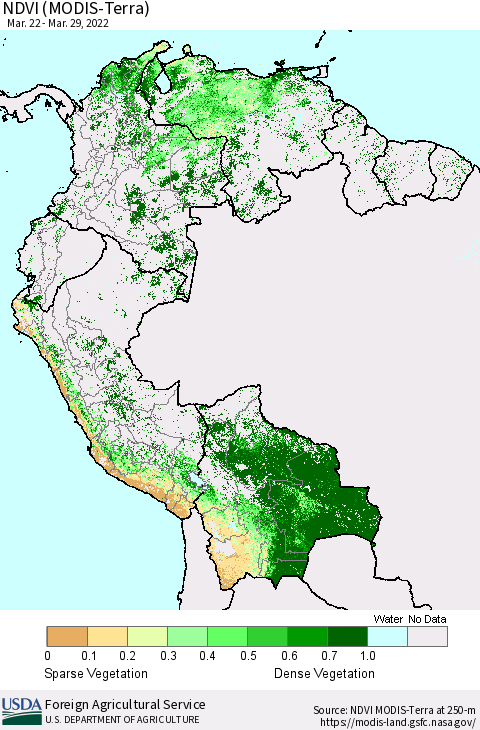 Northern South America NDVI (Terra-MODIS) Thematic Map For 3/21/2022 - 3/31/2022