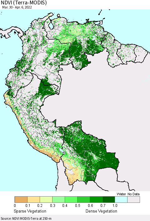Northern South America NDVI (Terra-MODIS) Thematic Map For 3/30/2022 - 4/6/2022