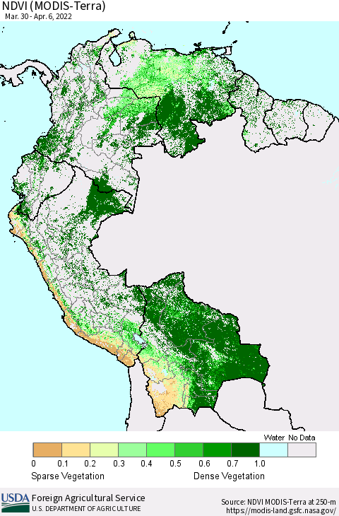 Northern South America NDVI (Terra-MODIS) Thematic Map For 4/1/2022 - 4/10/2022