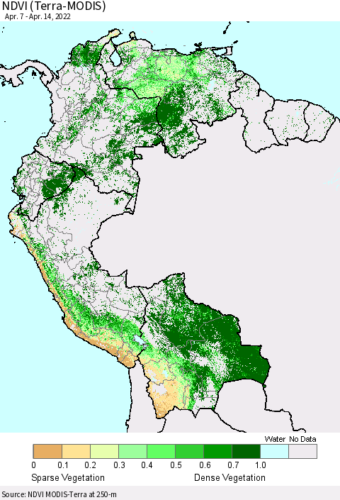 Northern South America NDVI (Terra-MODIS) Thematic Map For 4/7/2022 - 4/14/2022