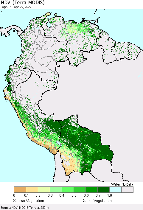 Northern South America NDVI (Terra-MODIS) Thematic Map For 4/15/2022 - 4/22/2022