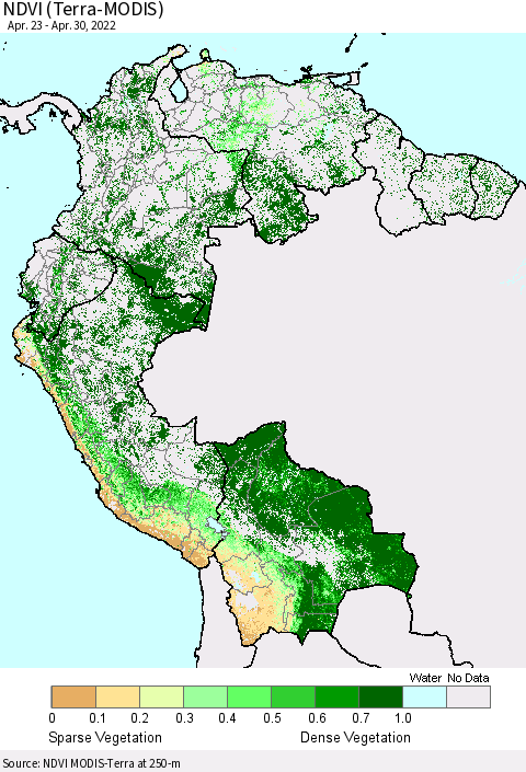 Northern South America NDVI (Terra-MODIS) Thematic Map For 4/21/2022 - 4/30/2022