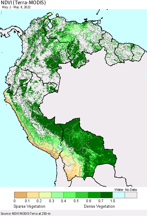Northern South America NDVI (Terra-MODIS) Thematic Map For 5/1/2022 - 5/8/2022