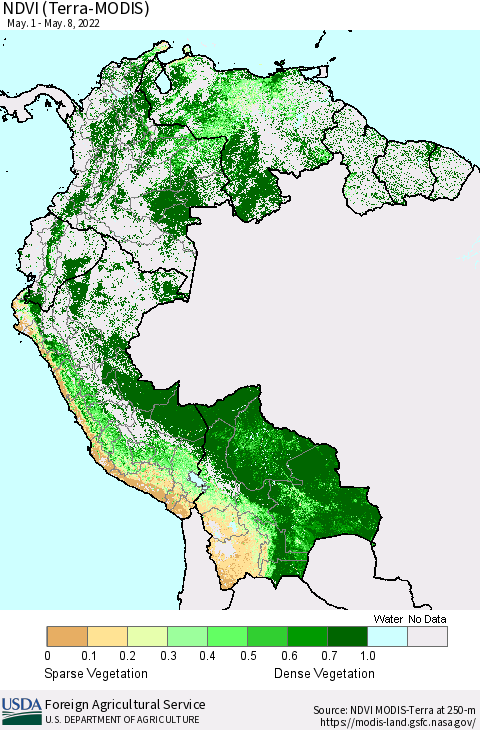 Northern South America NDVI (Terra-MODIS) Thematic Map For 5/1/2022 - 5/10/2022