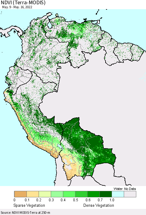 Northern South America NDVI (Terra-MODIS) Thematic Map For 5/9/2022 - 5/16/2022