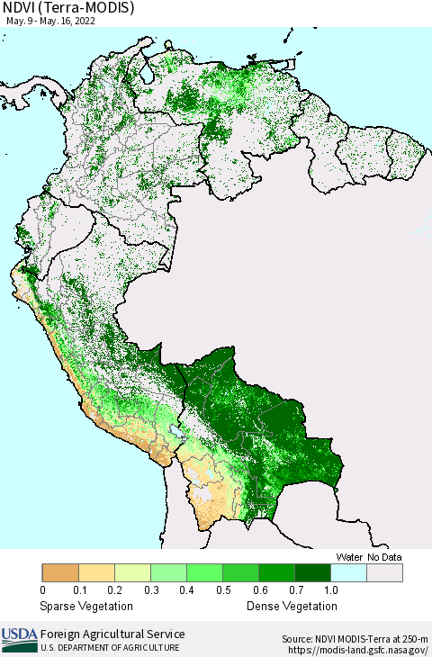 Northern South America NDVI (Terra-MODIS) Thematic Map For 5/11/2022 - 5/20/2022