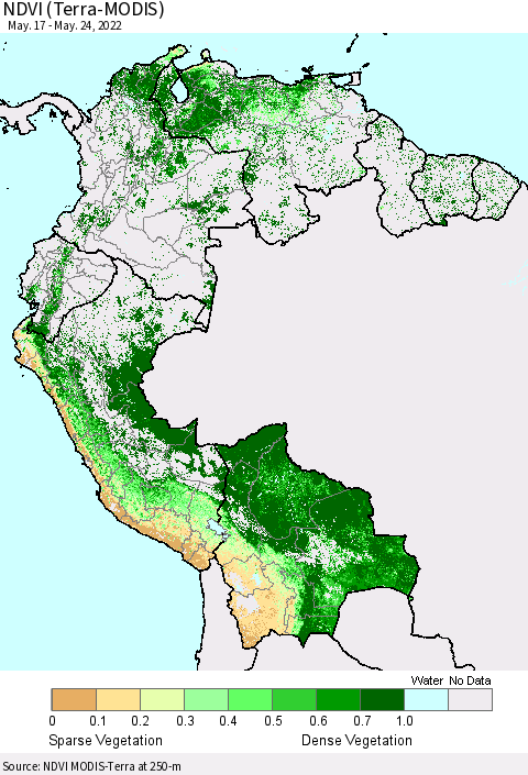 Northern South America NDVI (Terra-MODIS) Thematic Map For 5/17/2022 - 5/24/2022